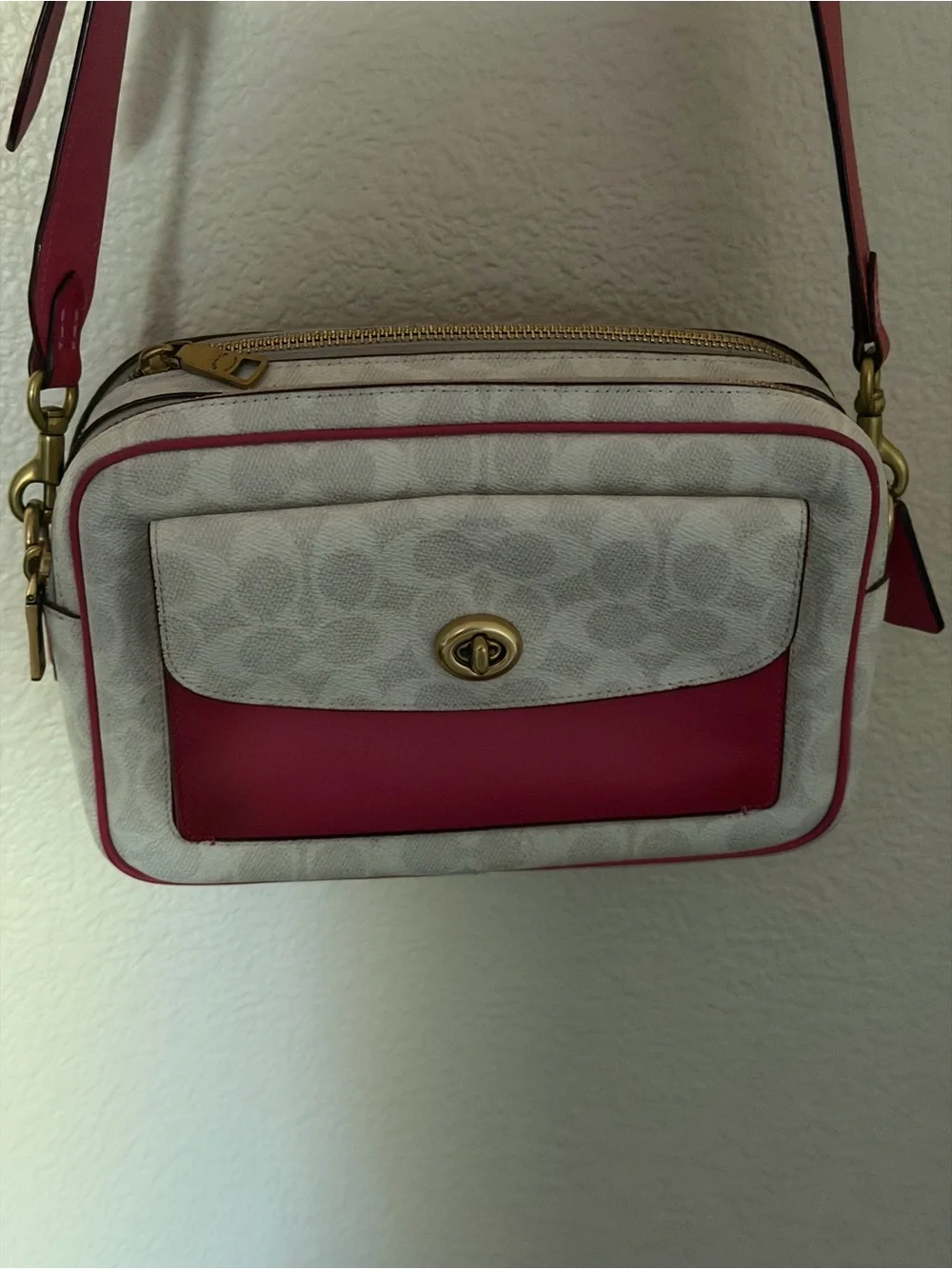 Coach White and Hot Pink Leather Crossbody Camera Bag